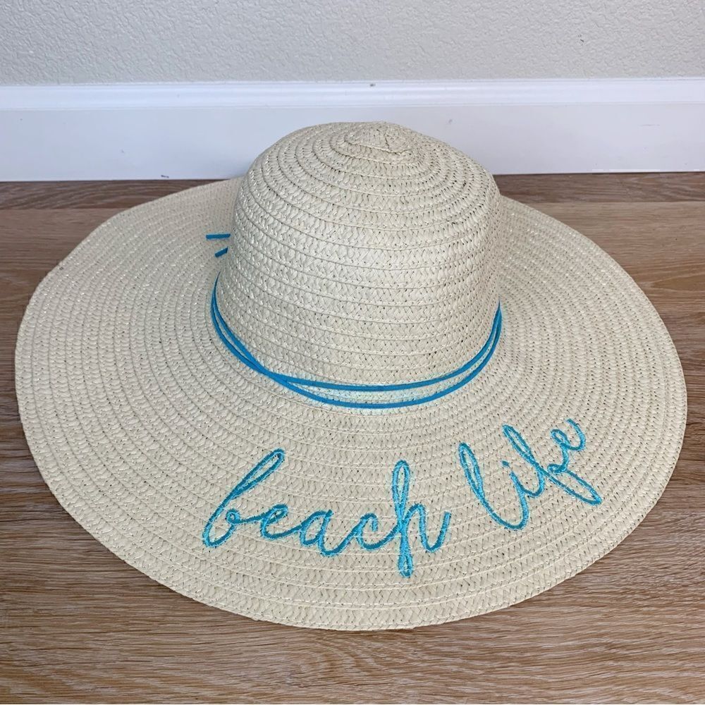 NWOT Embroidered Beach Life Wide Brim Straw Sun Hat - Picture 1 of 8